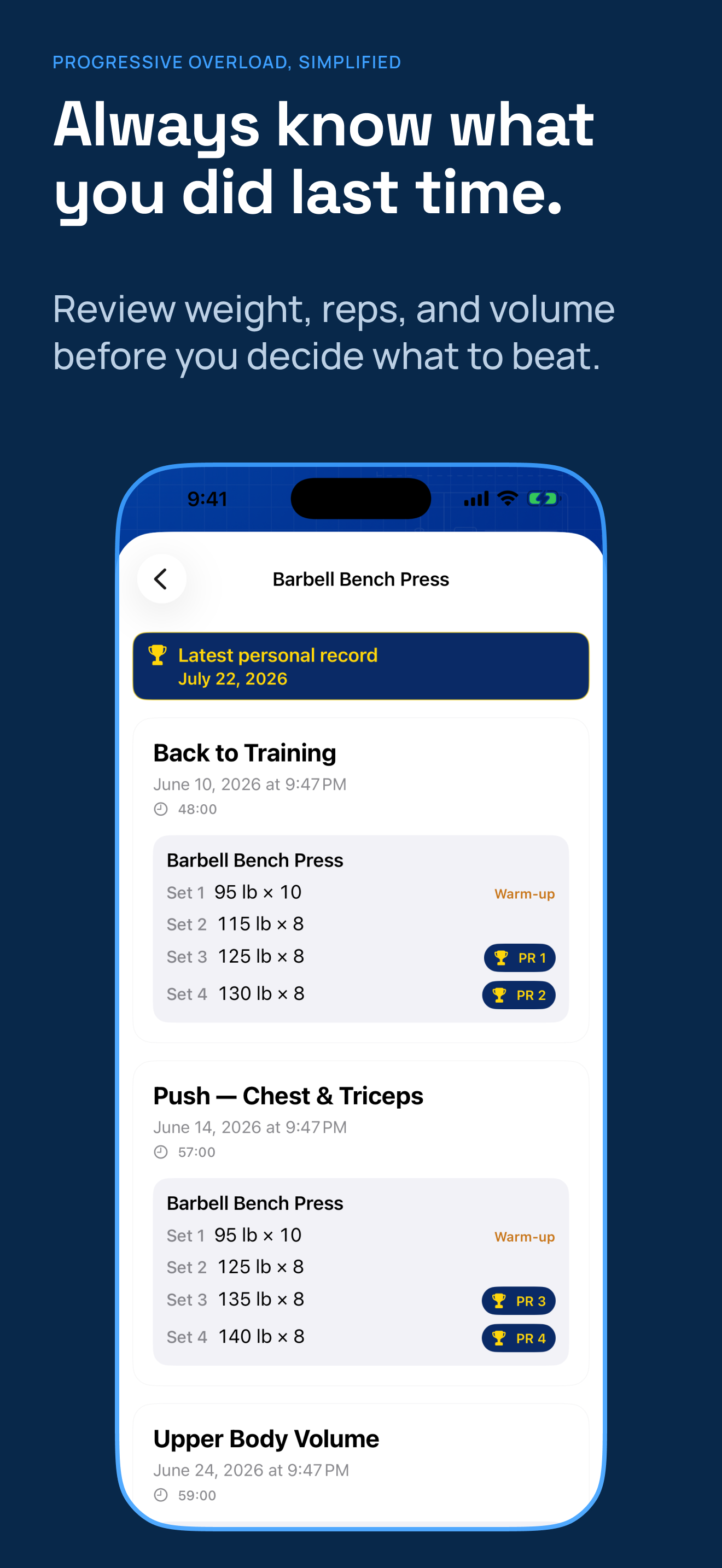 Next Rep exercise history with recent performance values