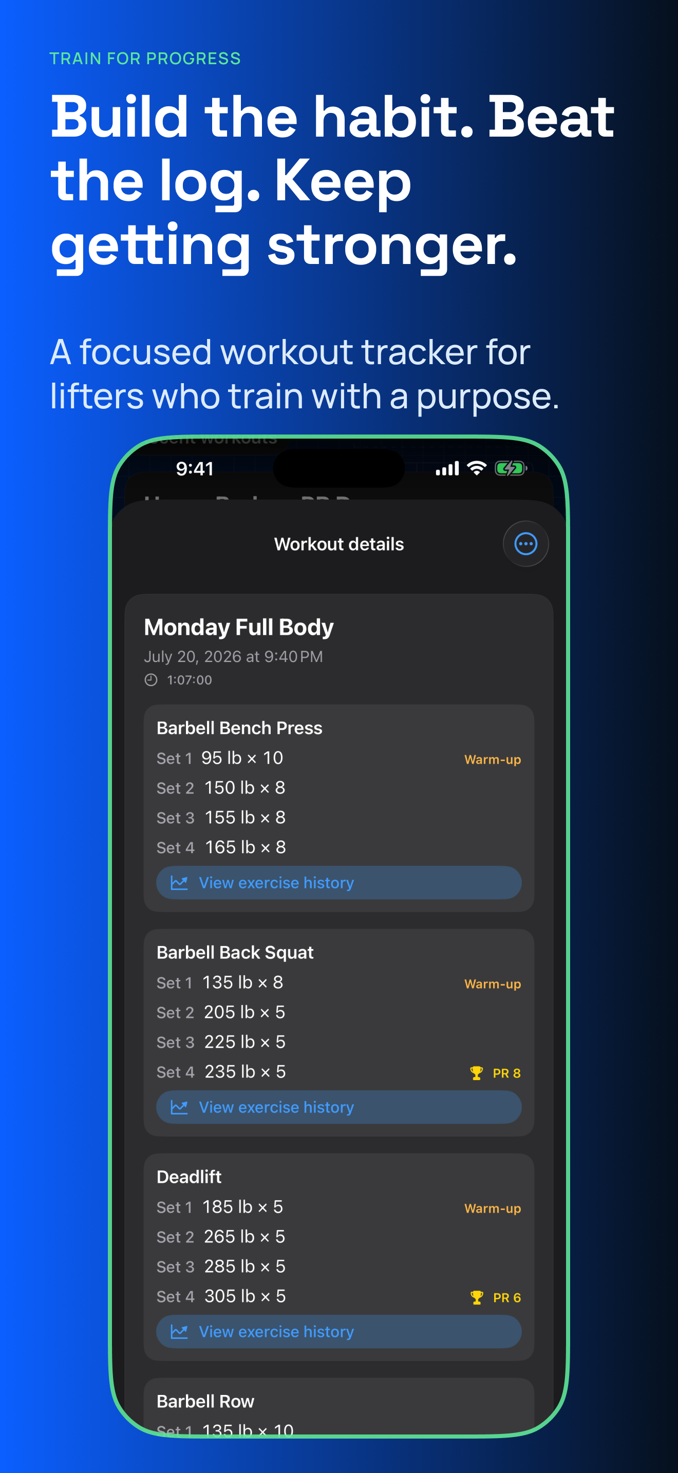 Next Rep rich workout detail and strength progress